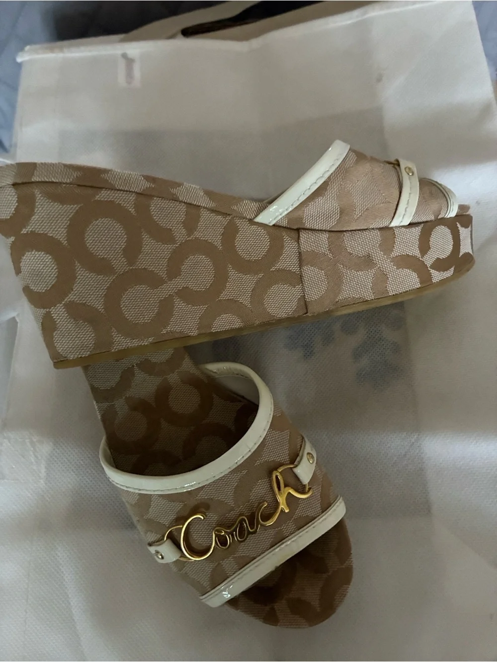 Coach Beige & Cream Signature Logo Wedge Slides